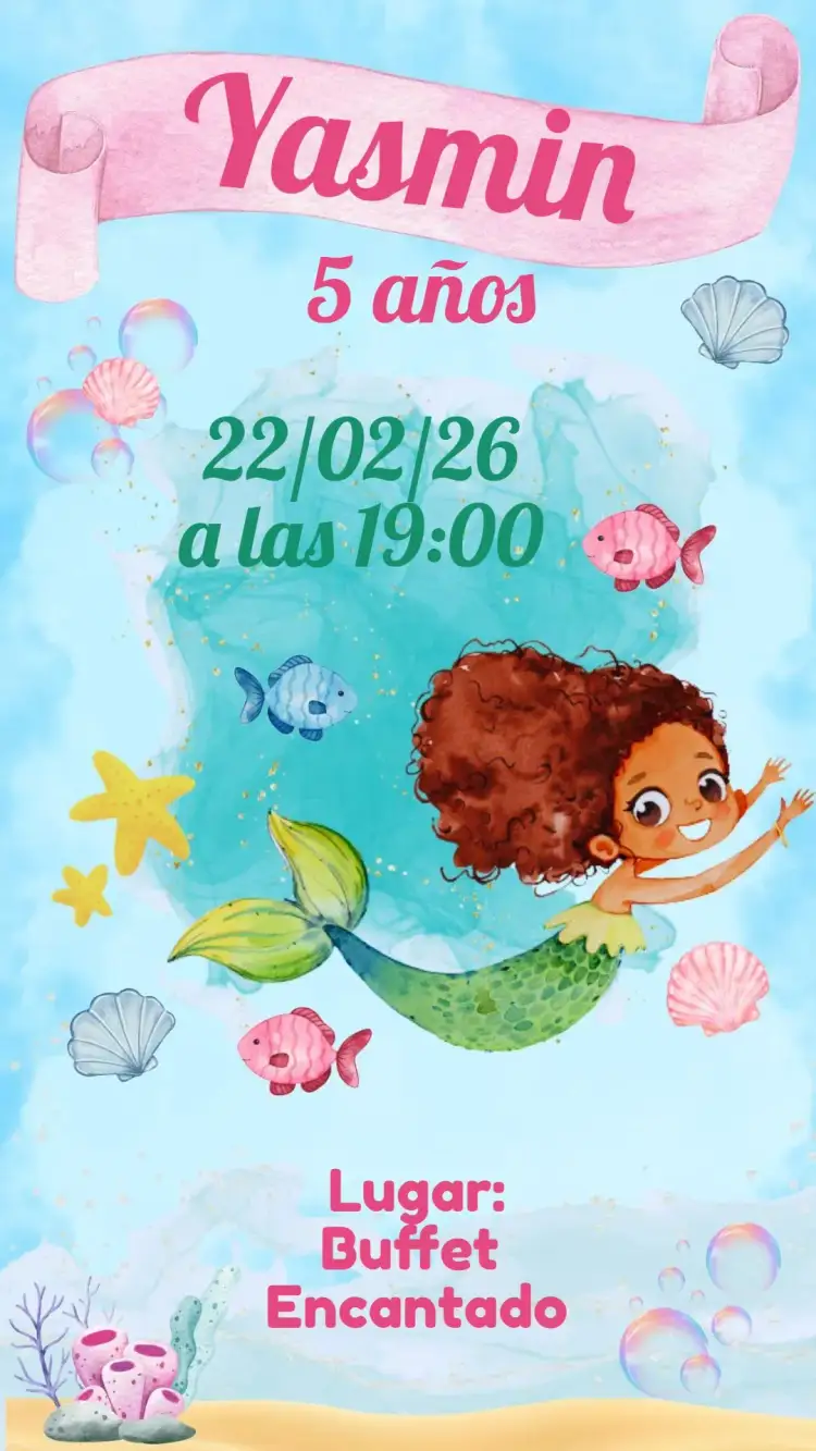 Invitación Sirena Acuarela – tema Cumpleaños Infantil acuarela, marino, temática infantil, colores vibrantes, ilustraciones lúdicas, diseño alegre