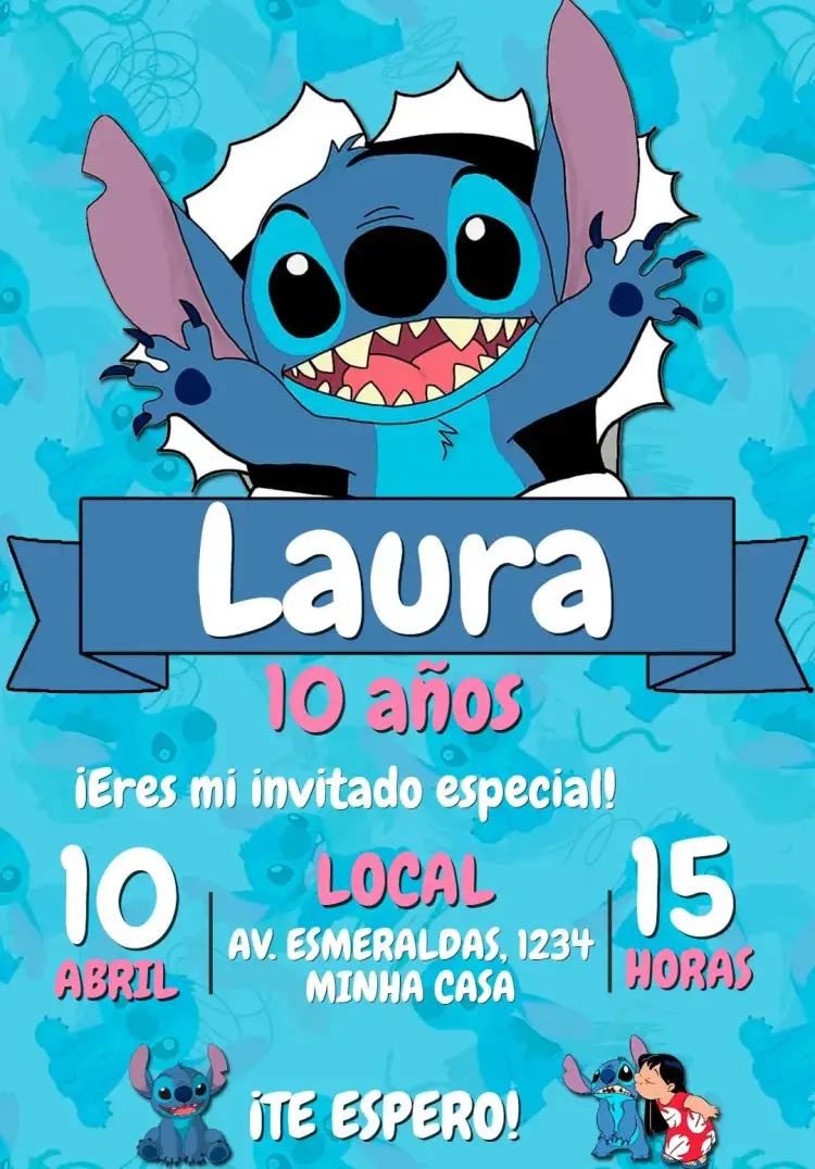 Invitación Invitación Cumpleaños Stitch Personalizada Editable – tema Cumpleaños Infantil colorido, lúdico, divertido, infantil, cartoon, moderno