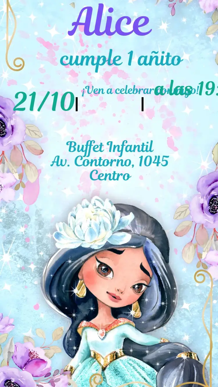 Invitación Jasmine – tema Cumpleaños Infantil princesa, mágico, delicado, colorido, fantasia