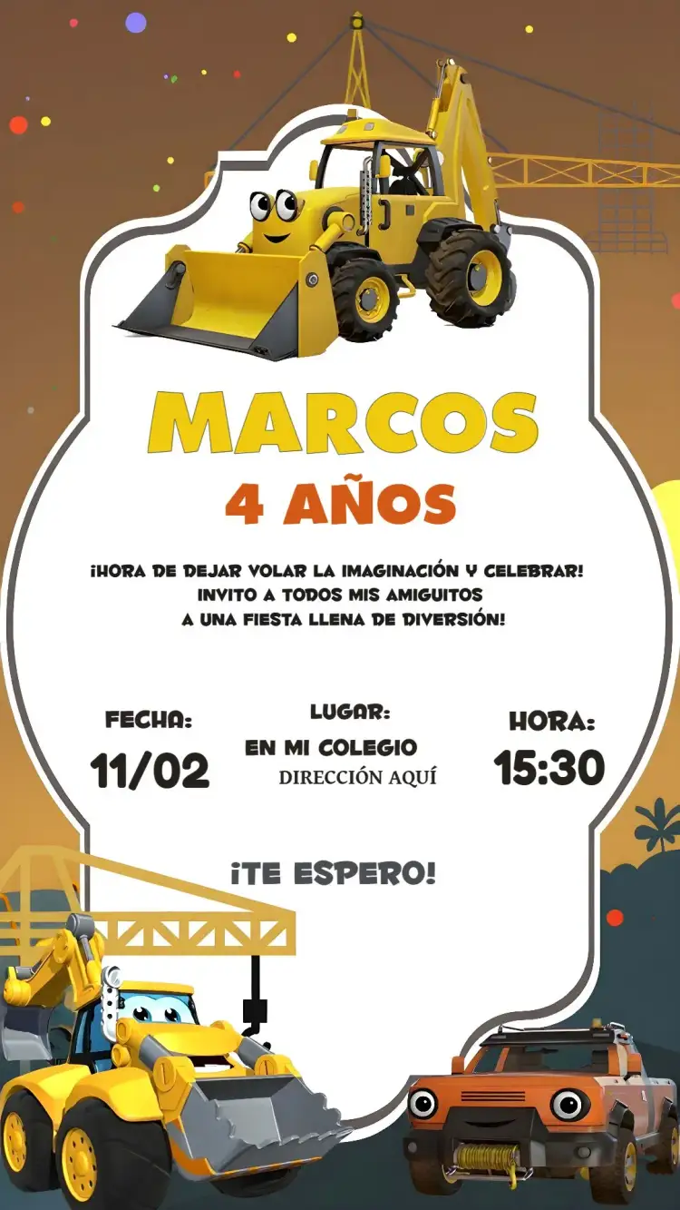 Invitación Construcción Tractor – tema Té Rifa construcción, colorido, infantil, moderno, divertido