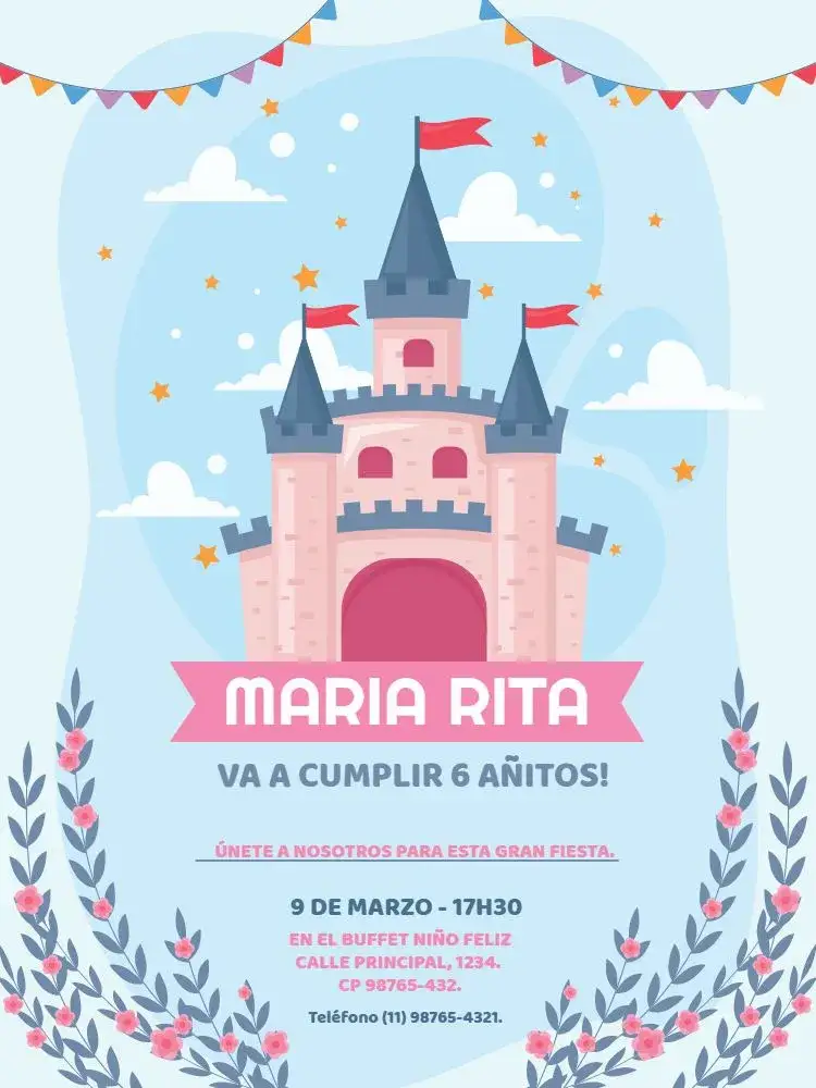 Invitación Castillo Floral Encuentro – tema Cumpleaños Infantil floral, lúdico, princesa, azul y rosa, temática, infantil