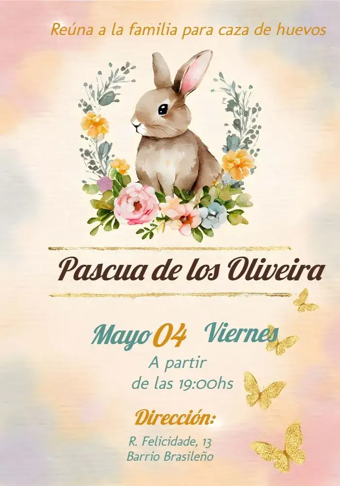 Invitación Pascóa Pascóa – tema Fechas Conmemorativas colorido, divertido, familiar, ilustraciones de conejos, huevos decorados, estilo alegre