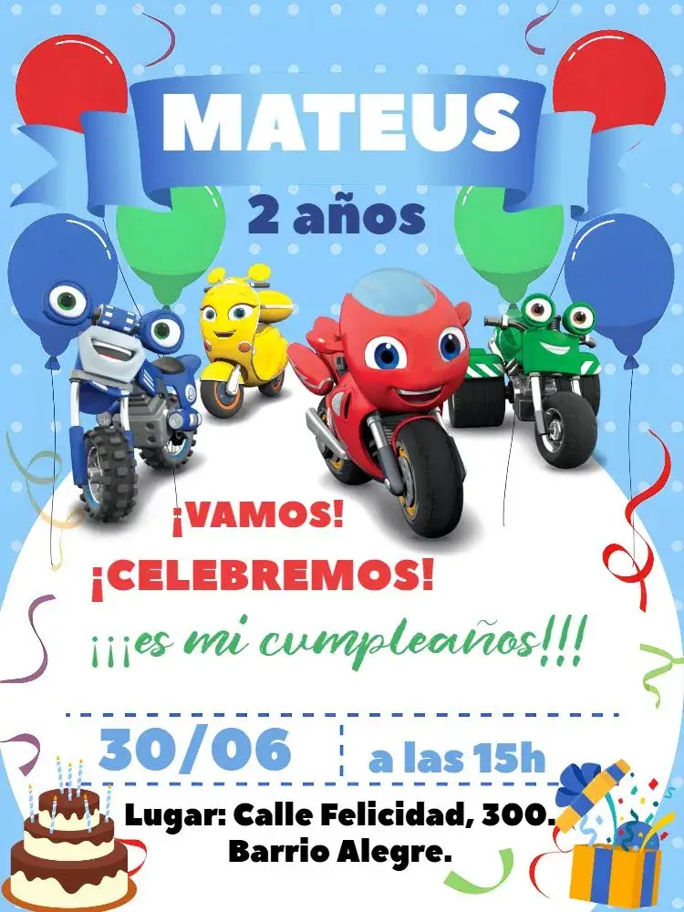 Invitación Rick Zoom Bolo – tema Más buscados divertido, aventura, infantil, colorido, moderno