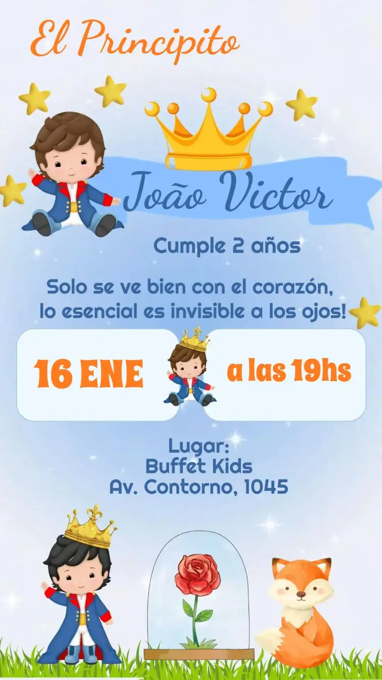 Invitación El Principito – tema Cumpleaños Infantil tonos suaves, ilustraciones delicadas, estilo lúdico, toques de fantasía, diseño encantador, elementos de cuento de hadas
