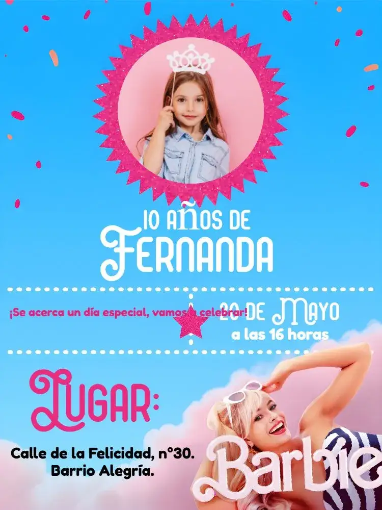 Invitación Barbie Con Foto Brillante – tema Fechas Conmemorativas brillante, colorido, femenino, divertido, moderno, inspirado en películas
