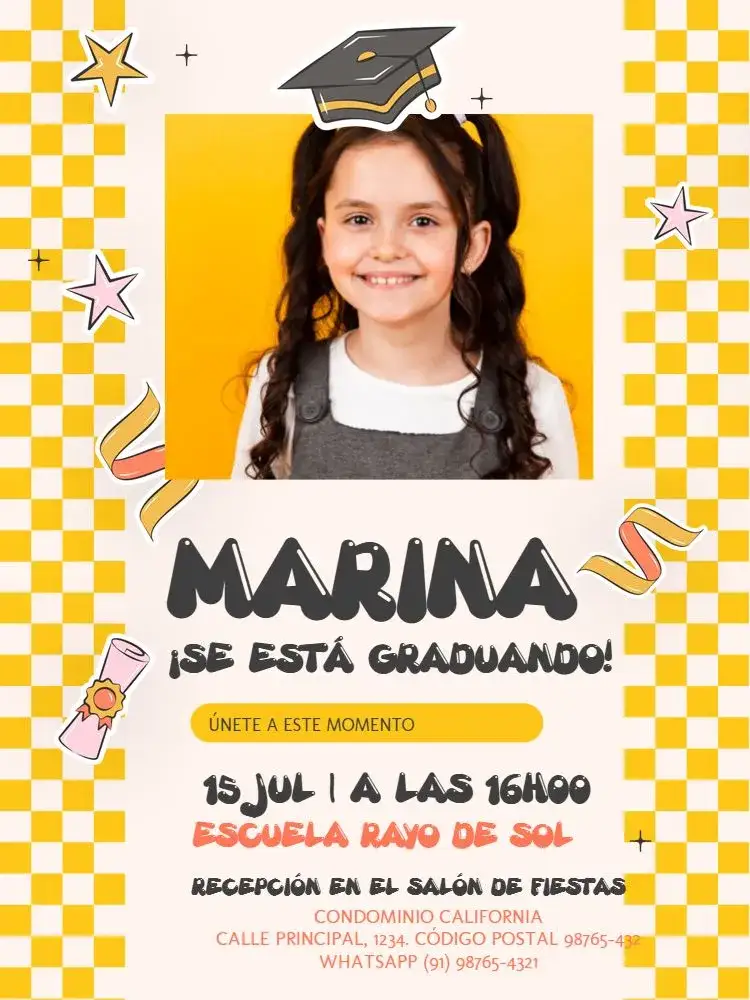 Invitación Graduación Infantil Amarillo Estrella – tema Graduación amarillo, lúdico, colorido, moderno, divertido, infantil