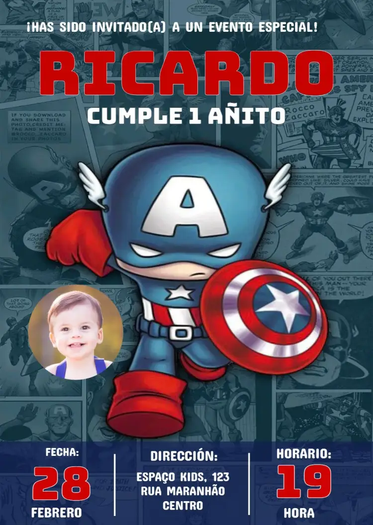 Invitación Capitán América Con Foto Baby – tema Cumpleaños Infantil azul, rojo, superhéroes, divertido, moderno, infantil