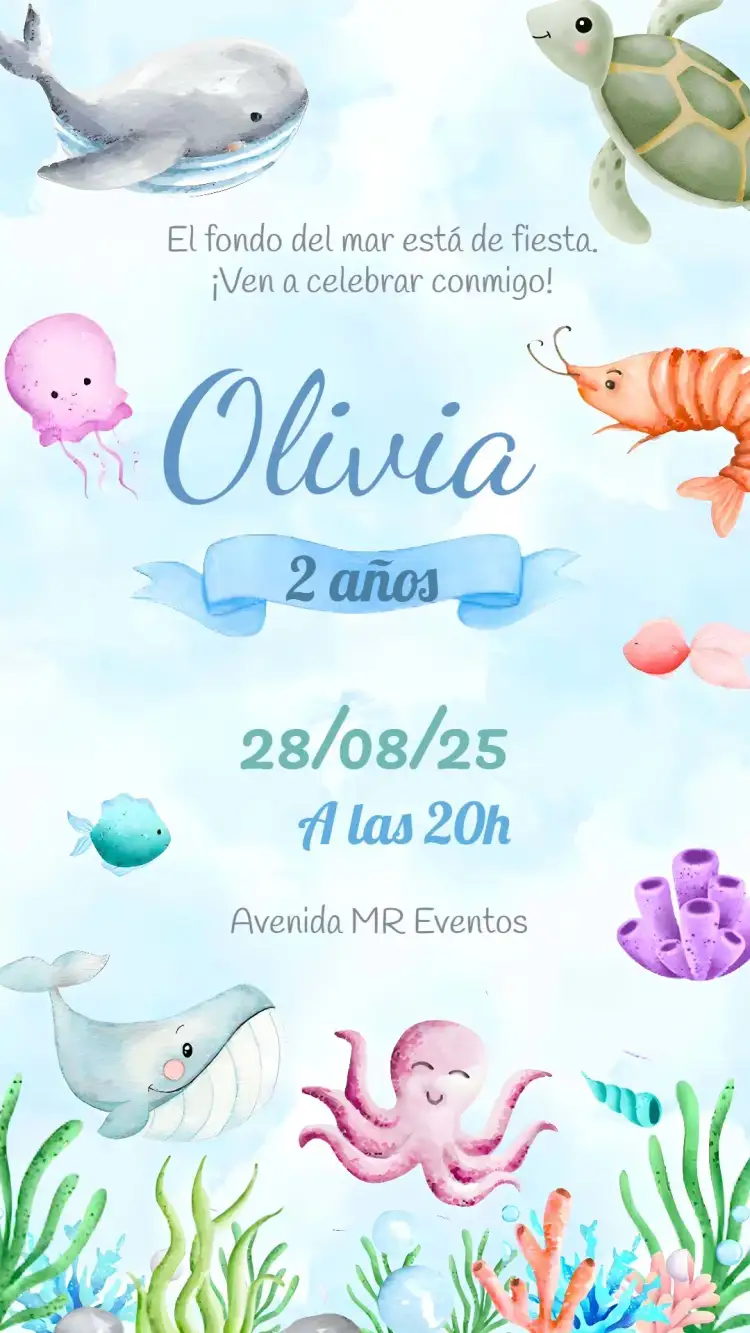 Invitación Fondo Del Mar Algas – tema Cumpleaños Infantil fondo marino, acuarela, tortugas marinas, azul claro, temática marina, elementos subacuáticos