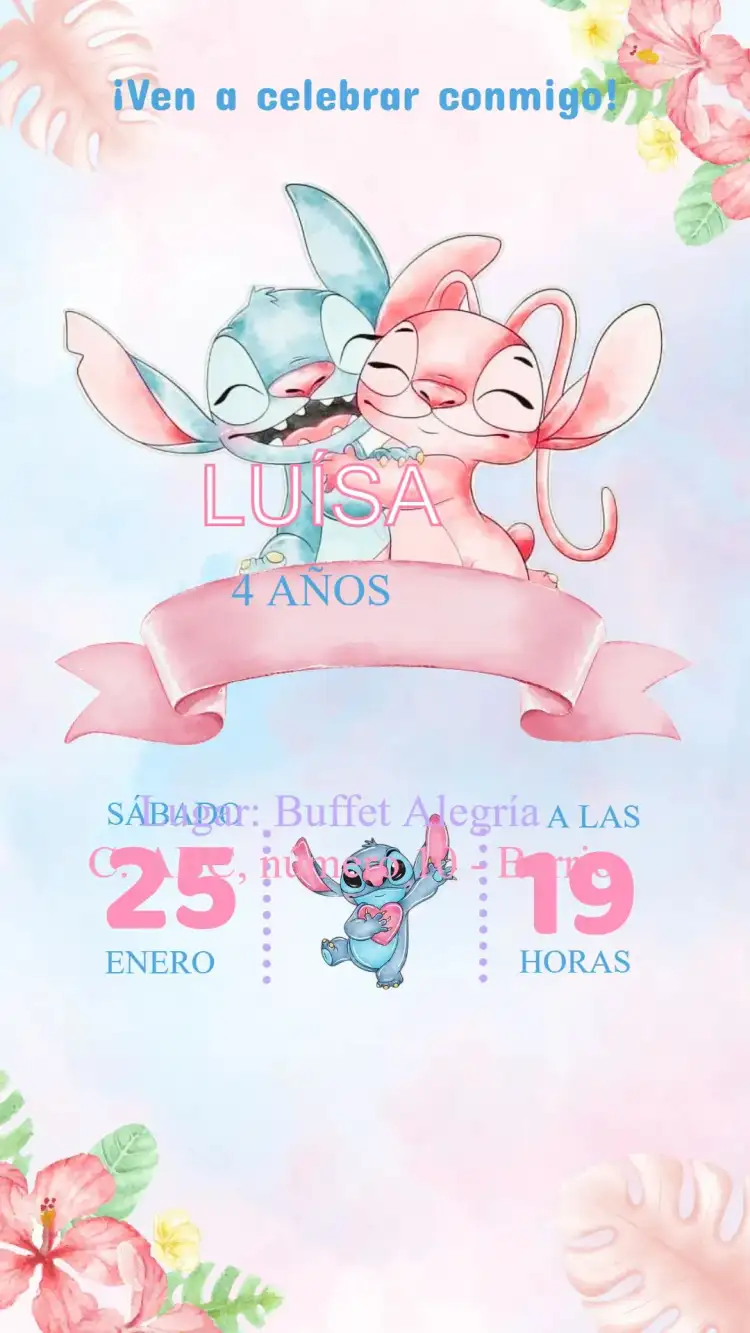 Invitación Cumpleaños Stitch y Angel