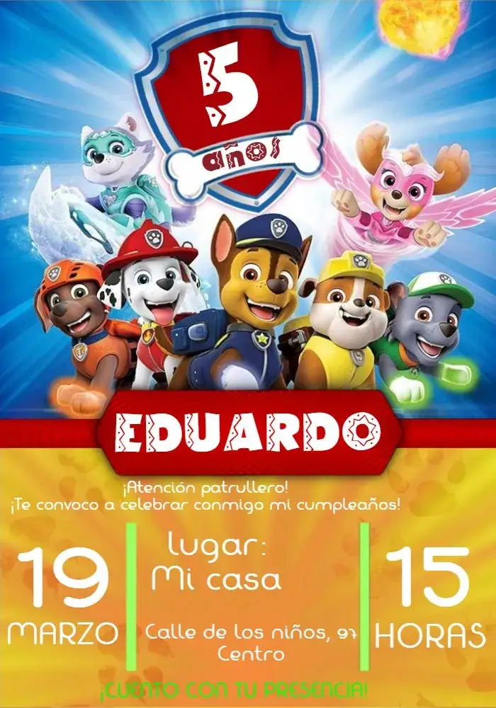 Invitación Patrulla Canina Dibujo – tema Cumpleaños Infantil colorido, divertido, temático, infantil, animado