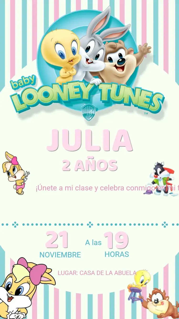 Invitación Invitación Cumpleaños Baby Looney Tunes – tema Cumpleaños Infantil colorido, lúdico, divertido, vibrante, infantil, personajes animados