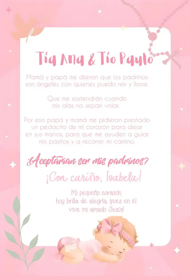 Invitación Padrinos De Bautizo Ángel – tema Primera Comunión delicado, angelical, verde suave, católico, infantil