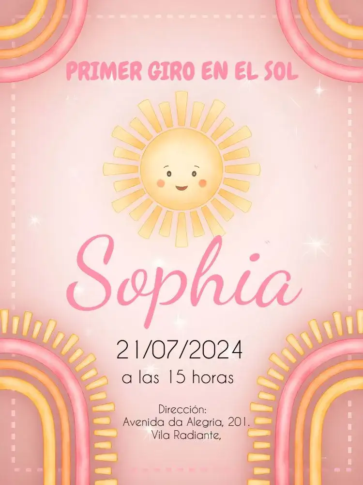 Invitación Primera Vuelta al Sol Rosa Niña – tema Primera Comunión boho, rosa, ilustraciones de sol, arcoíris, infantil, colorido