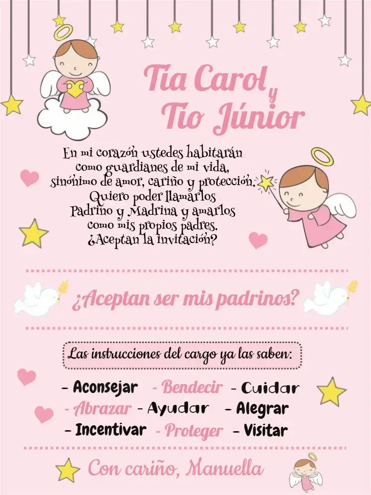 Invitación Padrinos Bautismo Niña Rosa Bautizo editable y personalizable