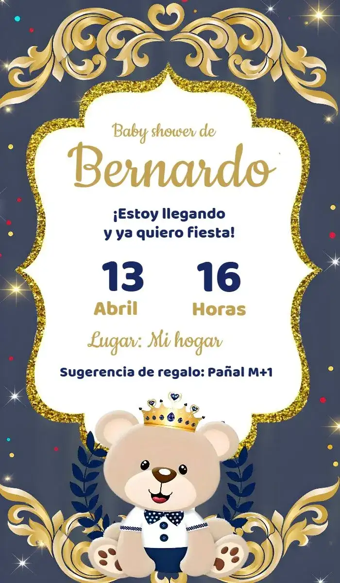 Baby Shower Príncipe Oso Azul y Dorado Pañales