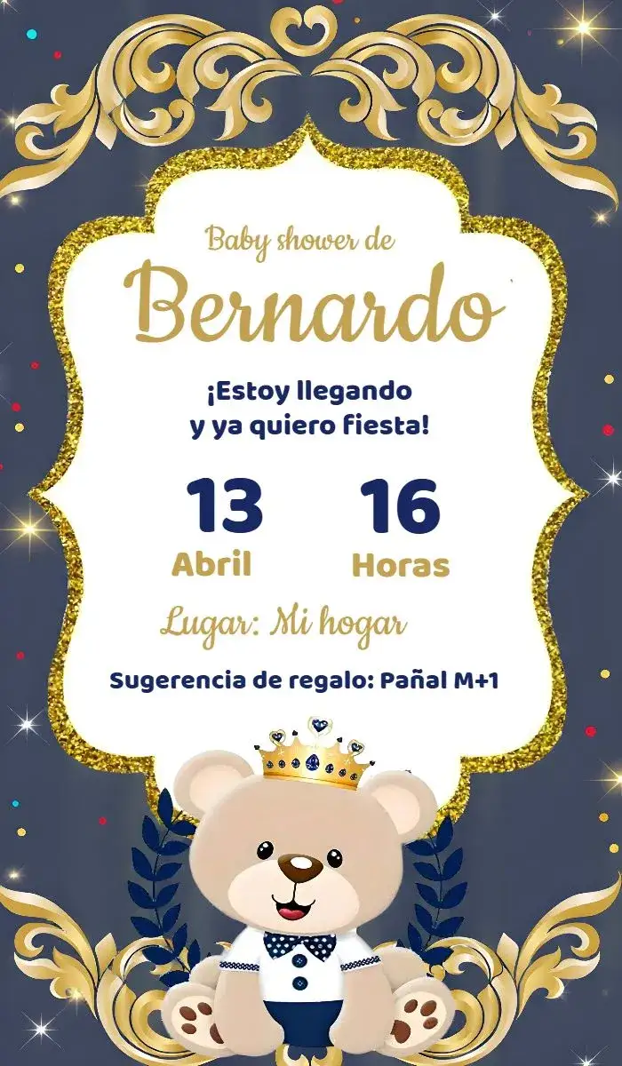 Invitación Baby Shower Príncipe Oso Azul y Dorado Pañales – tema Baby Shower azul, dorado, oso de peluche, purpurina, infantil, encantador