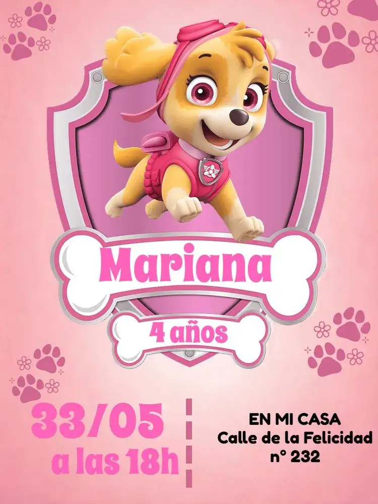 Invitación Patrulla Canina Skye – tema Cumpleaños Infantil rosa, divertido, lúdico, colorido, infantil