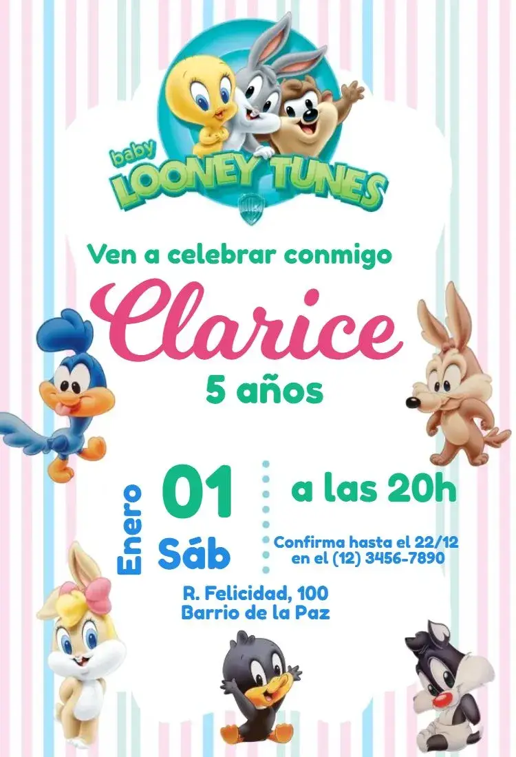 Invitación Baby Looney Tunes a Rayas