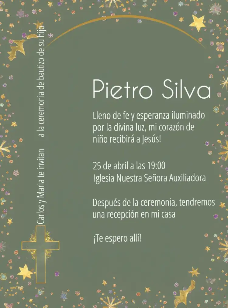 Invitación Bautizo Elegante Verde y Dorado – tema Bautismo verde, dorado, elegante, moderno, minimalista, sutil