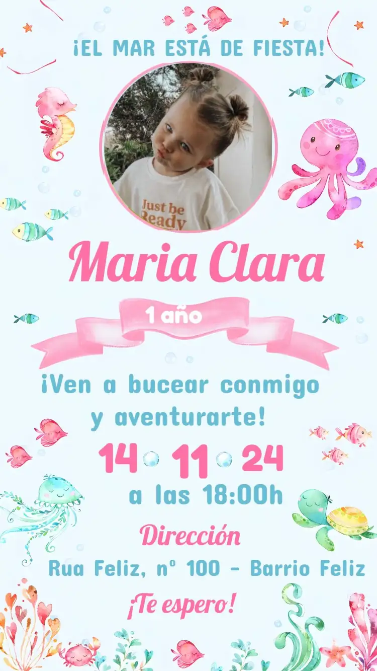 Invitación Fondo Del Mar Con Foto Rosa – tema Cumpleaños Infantil fondo marino, rosa, divertido, colorido, infantil, marino