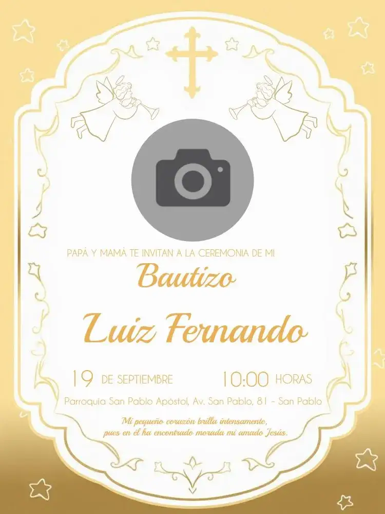 Invitación Bautizo Con Foto Cruz – tema Bautismo dorado, clásico, celestial, elegante, delicado