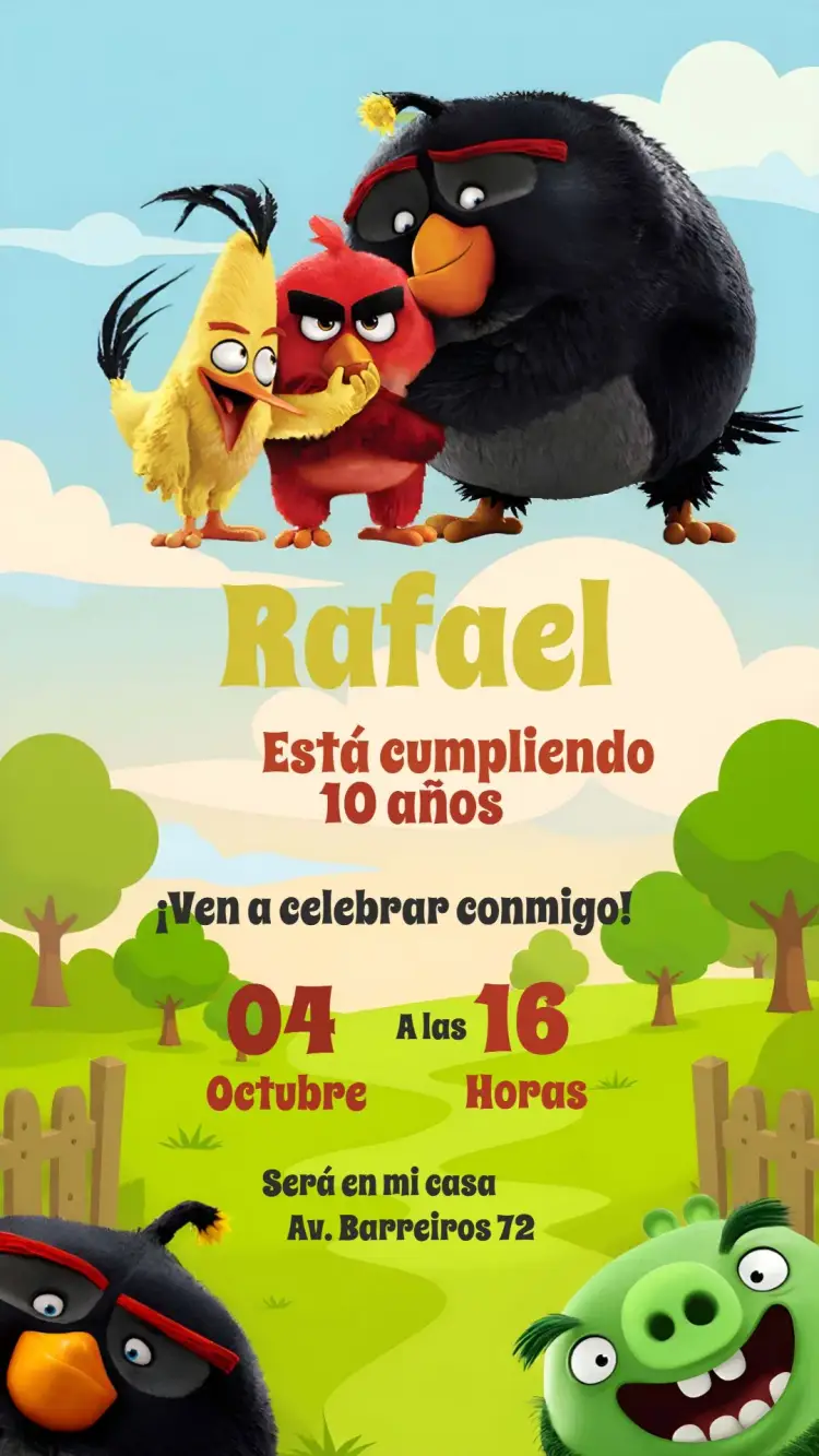 Invitación Angry Birds Infantil editable y personalizable