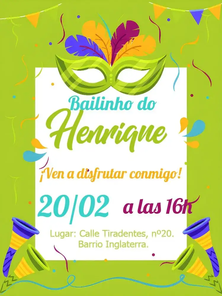 Invitación Bailinho De Carnaval Serpentina – tema Fechas Conmemorativas colorido, festivo, alegre, tropical, vibrante