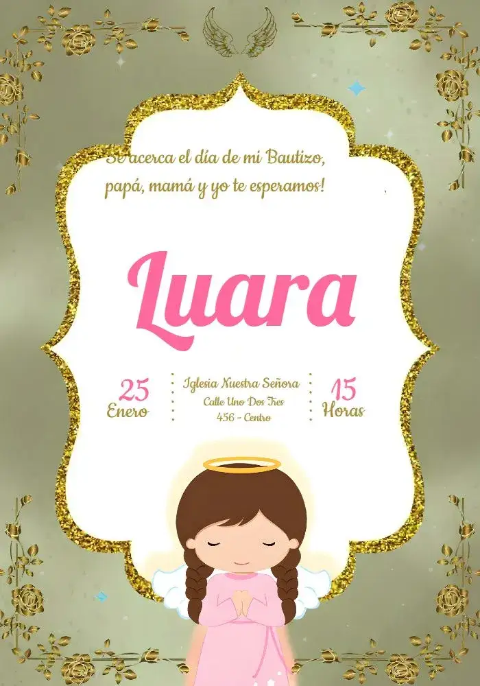 Invitación Bautizo Glitter – tema Bautismo rosa, dorado, delicado, brillo, angelito, modernidad