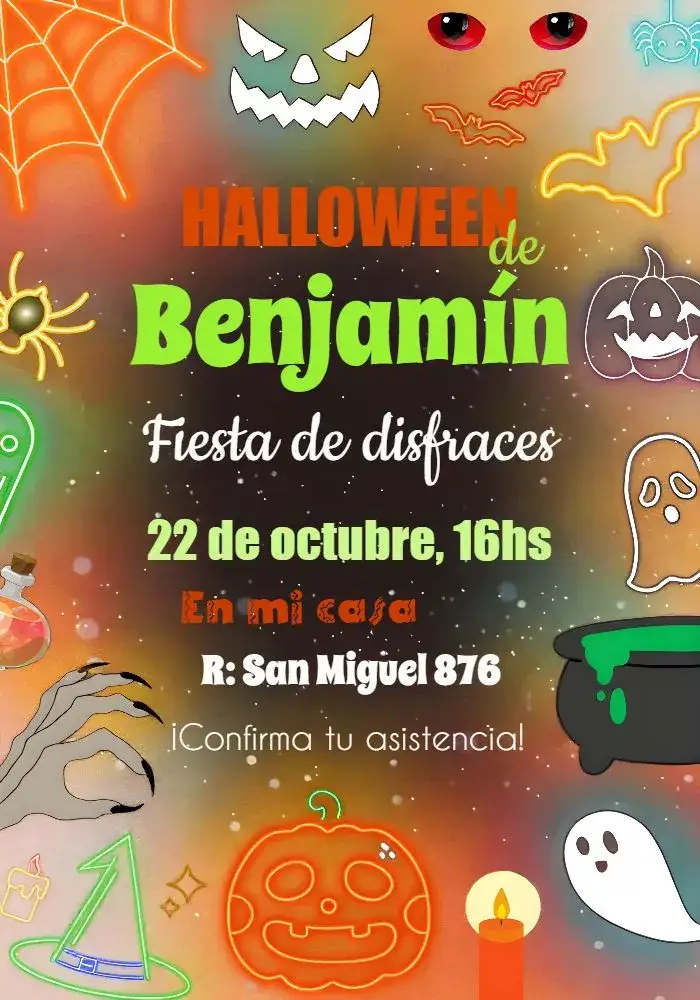 Invitación Halloween Neon Das – tema Fechas Conmemorativas neón, aterrador, colorido, divertido, infantil, temático