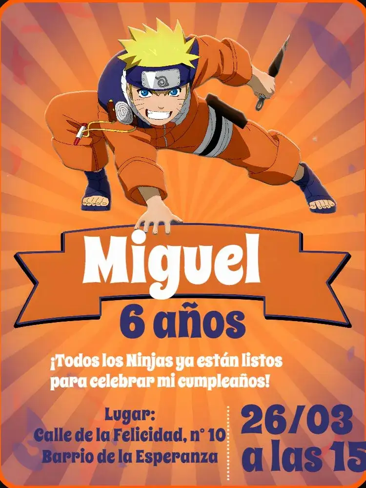 Invitación Naruto Naranja – tema Cumpleaños Infantil ninja, anime, moderno, vibrante, infantil, aventura