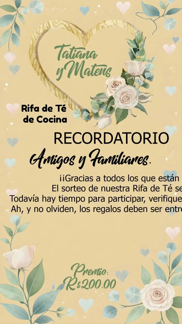 Recordatorio Rifa de Cocina Floral Cartela