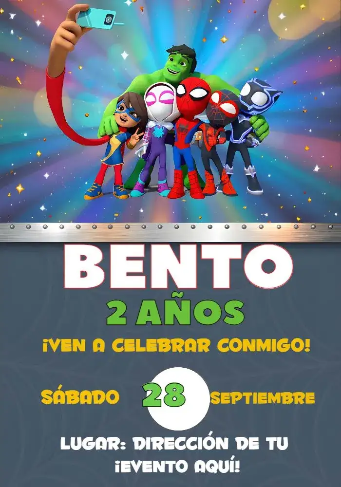 Invitación Spidey Y Sus Amigos Espectaculares Spidy – tema Cumpleaños Infantil colorido, superhéroe, moderno, divertido, aventura