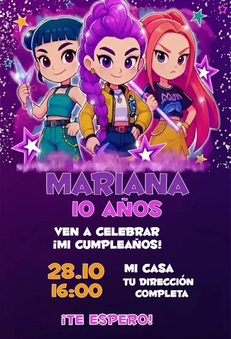 Invitación Guerreras del Kpop HUNTR/X – tema Cumpleaños vibrante, moderno, colorido, pop, joven, dinámico