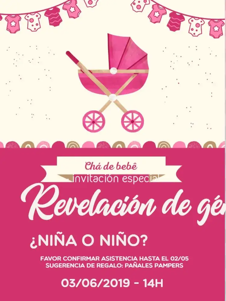 Invitación Baby Carriage Cloud Gender Reveal – tema Té Rifa lúdico, infantil, azul y rosa, nubes, cochecito de bebé, calcetines de colores