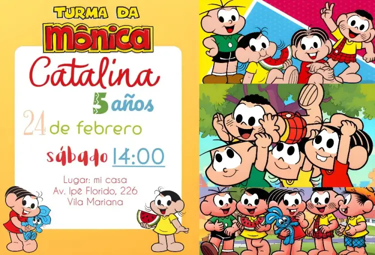 Invitación Turma Da Mónica Bento – tema Cumpleaños Infantil colorido, divertido, infantil, cartoon, temático