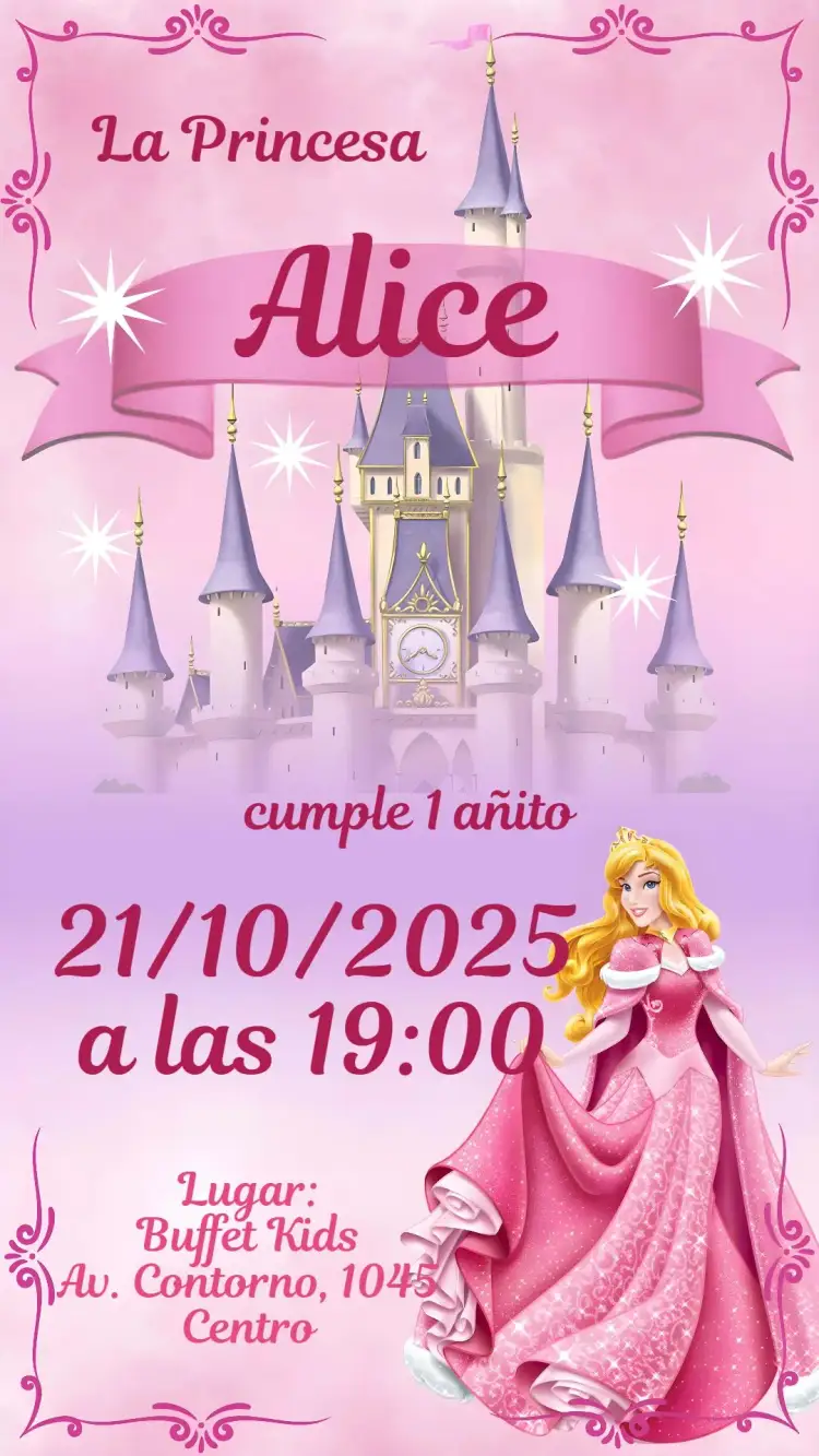 Invitación La Bella Durmiente – tema Cumpleaños Infantil colores pastel, estilo fairy tale, elementos de cuento de hadas, diseño delicado, ilustraciones de princesas, detalles florales