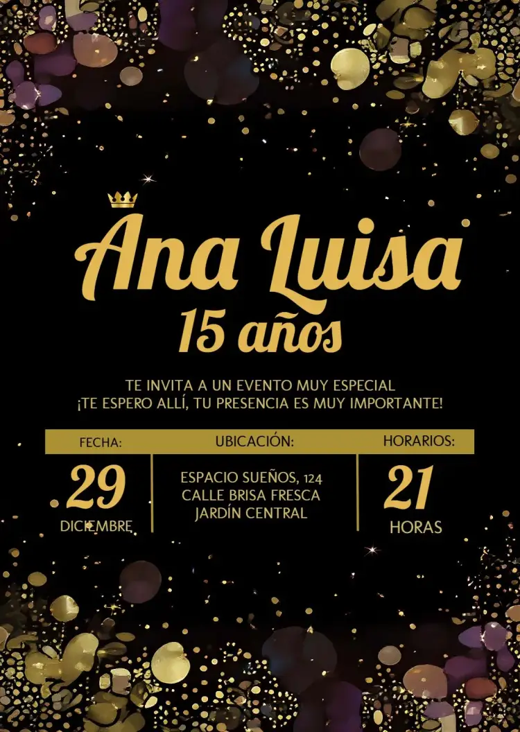 Invitación 15 Años Dorado y Negro de Lujo editable y personalizable