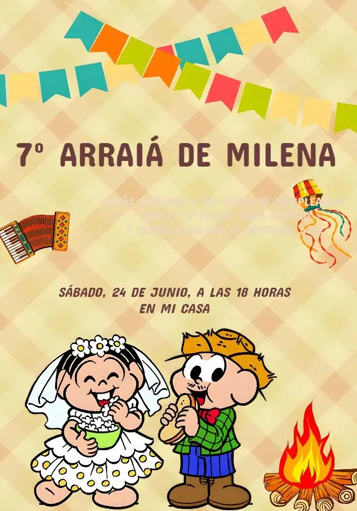 Invitación Arraiá De San Juan Beige – tema Fechas Conmemorativas colores vibrantes, estilo rústico, elementos juninos, diseño divertido, estética colorida, inspiración festiva