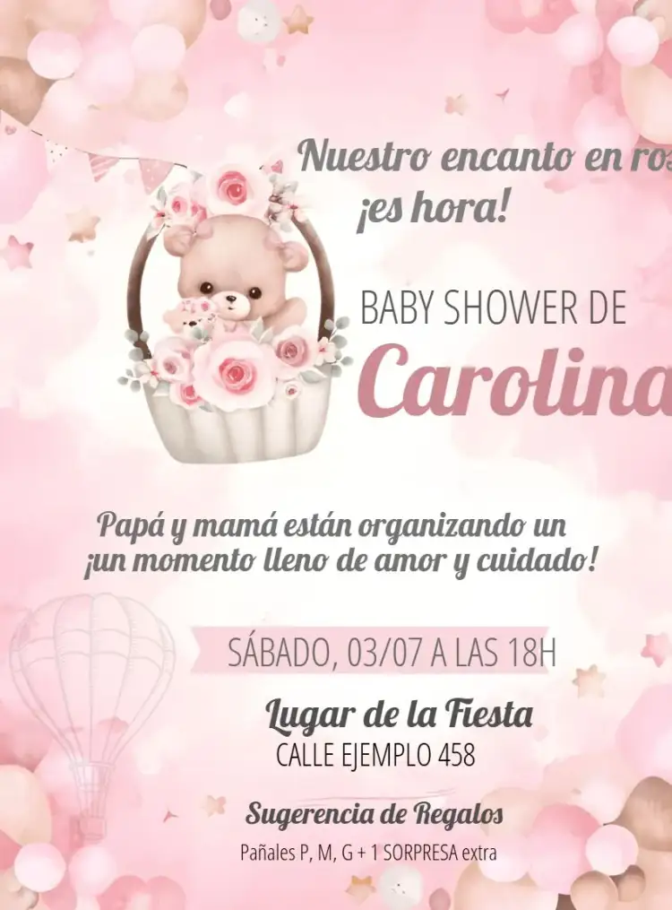 Invitación Baby Shower Osita Baloieira Baloeira – tema Baby Shower rosa, delicado, lúdico, fofo, moderno