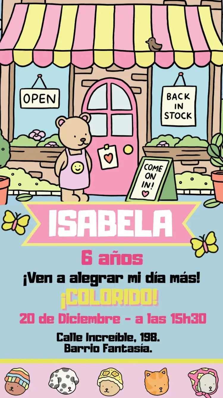 Invitación Invitación de Cumpleaños Bobbie Goods – tema Cumpleaños Infantil colorido, divertido, lúdico, infantil, ursinho