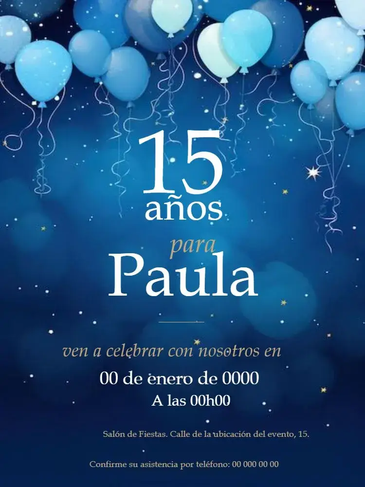 Invitación 15 Años Globos Para Editar Azul editable y personalizable
