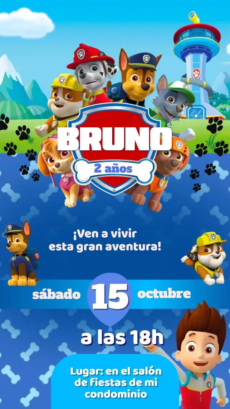 Invitación Patrulla Canina – tema Cumpleaños Infantil vibrante, colorido, divertido, moderno, infantil