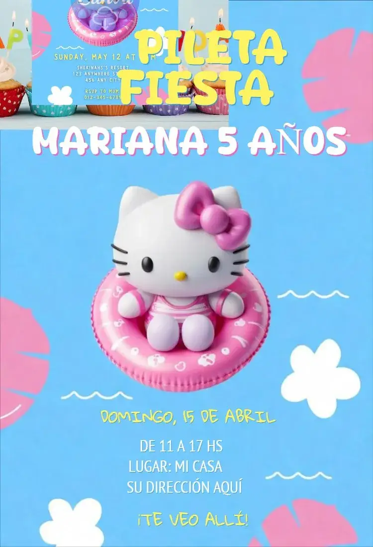 Invitación Pool Party Hello Kity