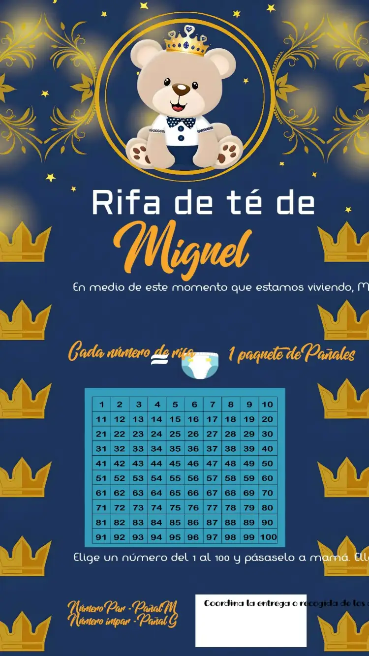 Invitación Té Rifa Osito Príncipe Blanco – tema Té Rifa azul, dorado, blanco, moderno, infantil, delicado