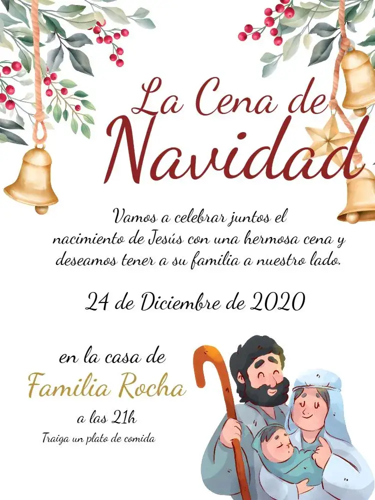 Invitación Cena De Navidad Campanas – tema Fechas Conmemorativas verde, dorado, rojo, festivo, clásico, elegante