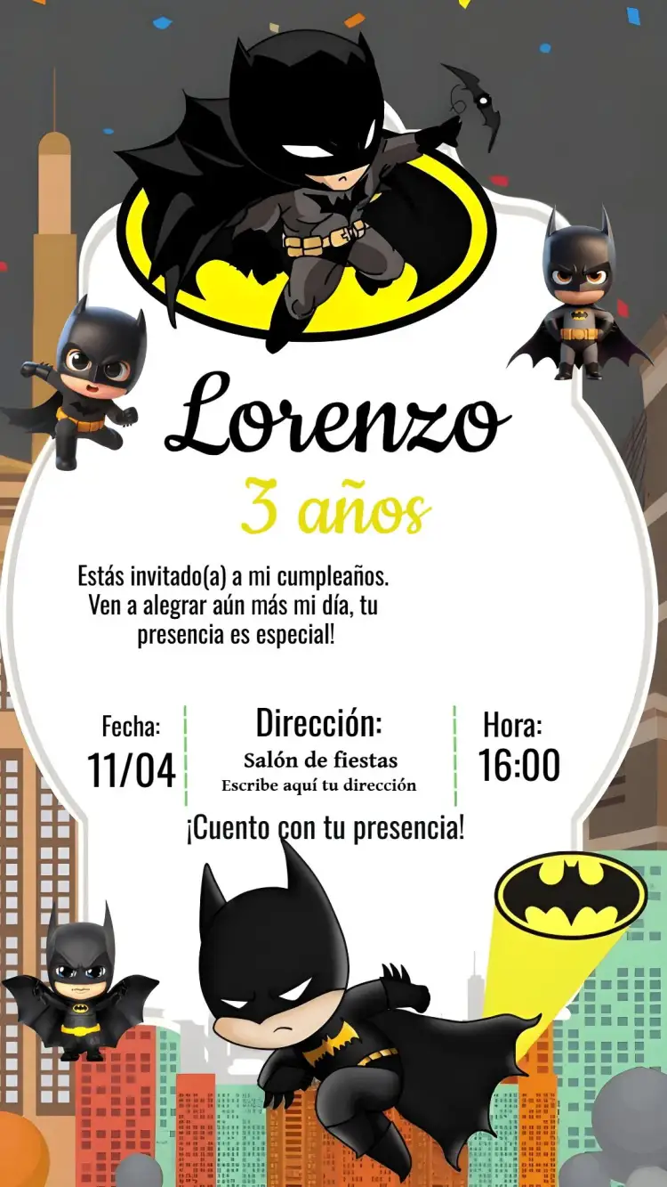 Invitación Batman Toy – tema Cumpleaños Infantil superhéroes, moderno, colores vibrantes, divertido, temática infantil