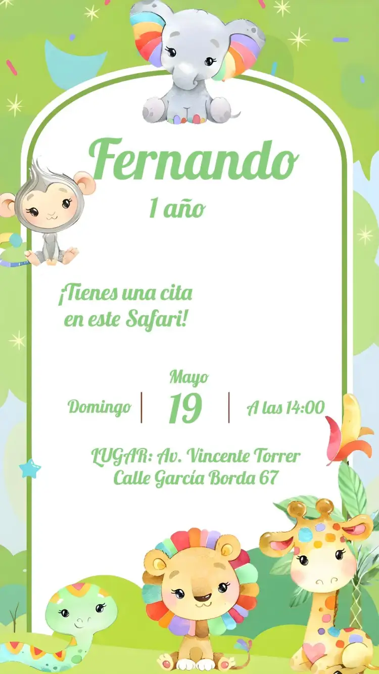 Invitación Safari Aninho – tema Cumpleaños Infantil acuarela, salvaje, colorido, animales, tropical
