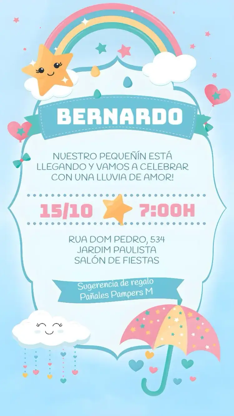 Invitación Baby Shower Lluvia de Amor y Bendiciones – tema Baby Shower nubes, estrellas, colores suaves, estilo lúdico, diseño infantil, amor y cariño