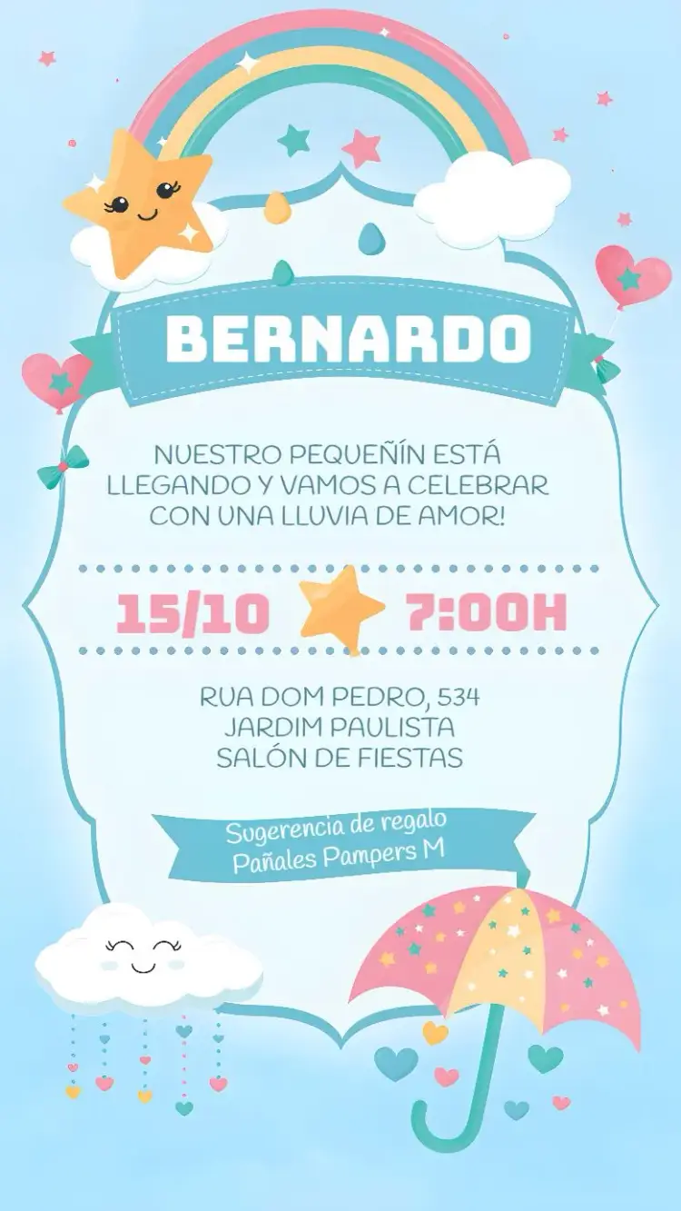 Invitación Baby Shower Lluvia de Amor y Bendiciones editable y personalizable