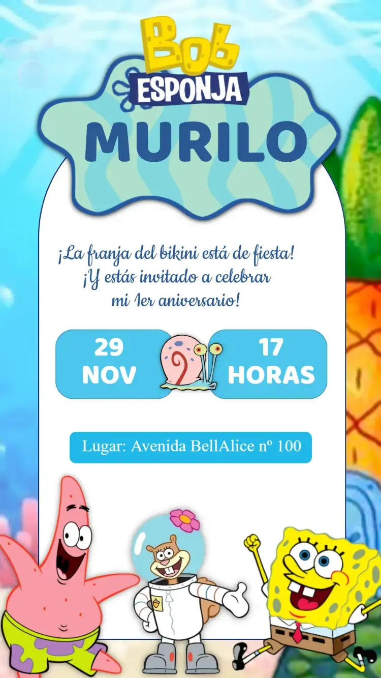 Invitación Invitación Cumpleaños Bob Esponja – tema Cumpleaños Infantil colorido, marino, divertido, infantil, tropical
